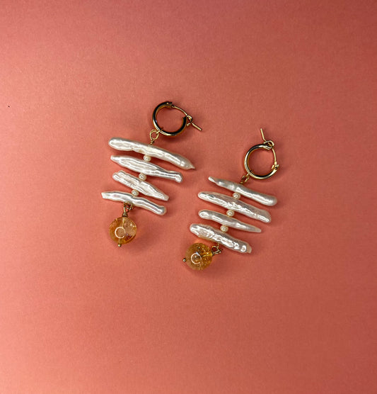 Stick Pearl and Citrine Hoop Earring